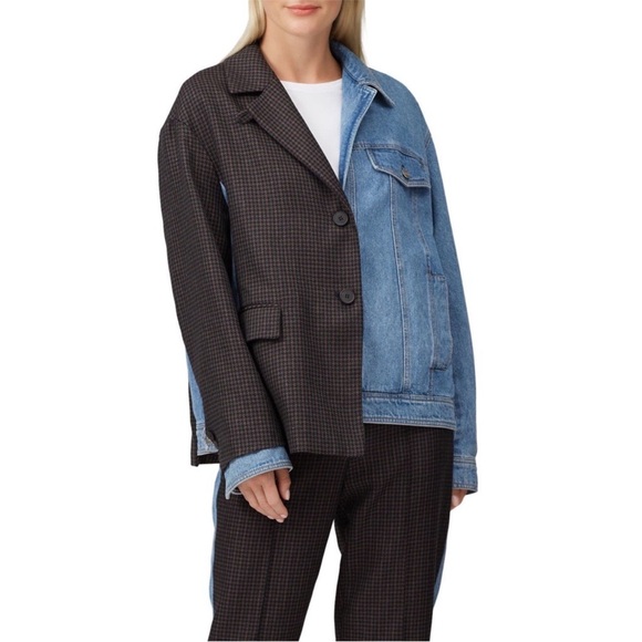 SJYP 1/2 Denim 1/2 Houndstooth Retro 90s Korean Streetwear Blazer Jacket Size M - Picture 7 of 7